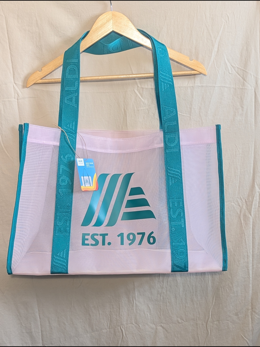 Aldi Anniversary Pink Mesh Tote with Teal Straps and Logo